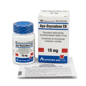 Apo-Oxycodone CR 10 mg Tablets in the original manufacturer-sealed bottle containing 100 tablets for the Canadian market.