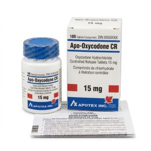 Apo-Oxycodone CR 15 mg Tablets in the original manufacturer-sealed bottle containing 100 tablets for the Canadian market.