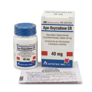 Apo-Oxycodone CR 40 mg Tablets in the original manufacturer-sealed bottle containing 100 tablets for the Canadian market.