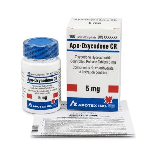 Apo-Oxycodone CR 5 mg Tablets in the original manufacturer-sealed bottle containing 100 tablets for the Canadian market.
