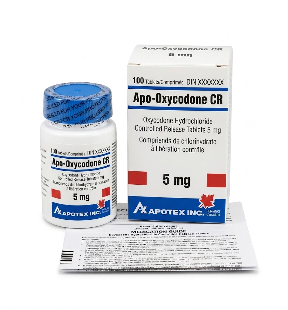 Apo-Oxycodone CR 5 mg Tablets in the original manufacturer-sealed bottle containing 100 tablets for the Canadian market.