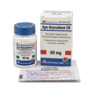 Apo-Oxycodone CR 60 mg Tablets in the original manufacturer-sealed bottle containing 100 tablets for the Canadian market.