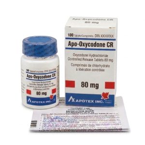 Apo-Oxycodone CR 80 mg Tablets in the original manufacturer-sealed bottle containing 100 tablets for the Canadian market.