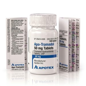 Apo Tramadol 50 mg Tablets in the original manufacturer-sealed bottle containing 100 tablets for the Canadian pharmacy market.