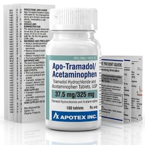 Apo Tramadol/Acetaminophen 37.5 mg/325 mg Tablets in the original manufacturer-sealed bottle containing 100 tablets for the Canadian pharmacy market.