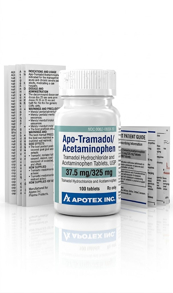 Apo Tramadol/Acetaminophen 37.5 mg/325 mg Tablets in the original manufacturer-sealed bottle containing 100 tablets for the Canadian pharmacy market.