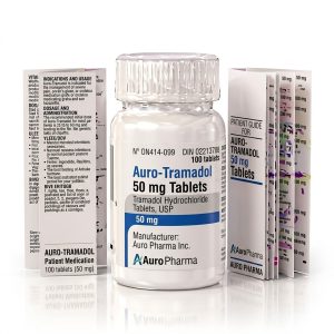Auro Tramadol 50 mg Tablets in the original manufacturer-sealed bottle containing 100 tablets for the Canadian pharmacy market.