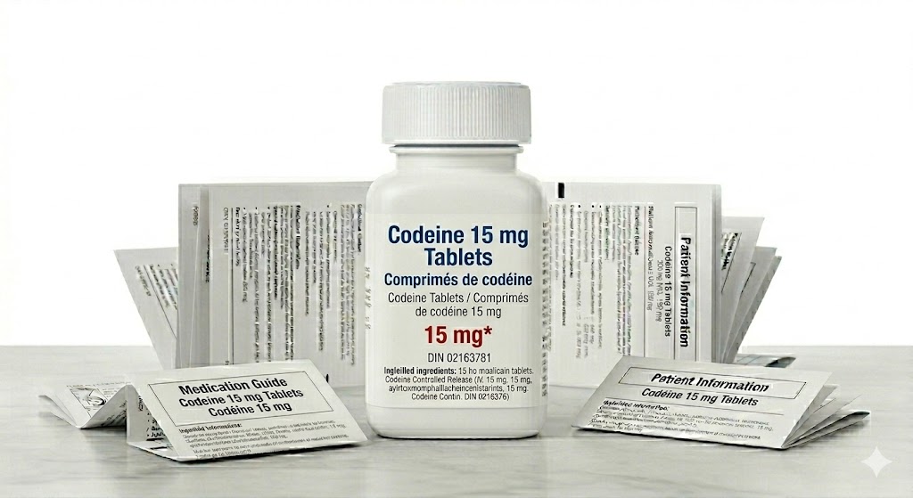 Codeine 15 mg Tablets in the original manufacturer-sealed bottle containing 100 tablets for the Canadian market.