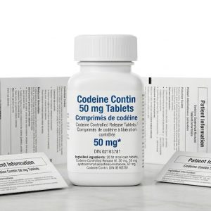Codeine Contin 50 mg Tablets in the original manufacturer-sealed bottle containing 100 tablets for the Canadian market.