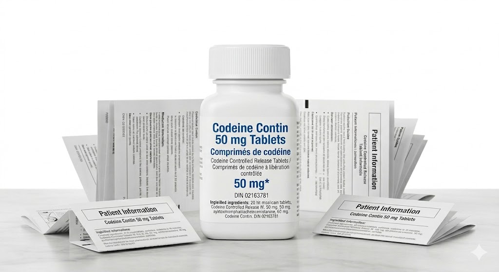 Codeine Contin 50 mg Tablets in the original manufacturer-sealed bottle containing 100 tablets for the Canadian market.