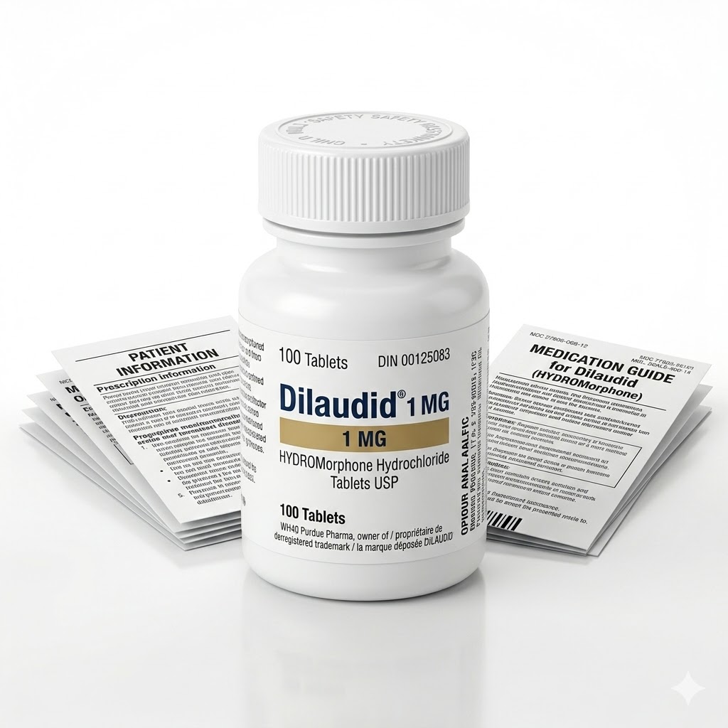 Dilaudid 1 mg Tablets in the original manufacturer-sealed bottle containing 100 tablets for the Canadian market.