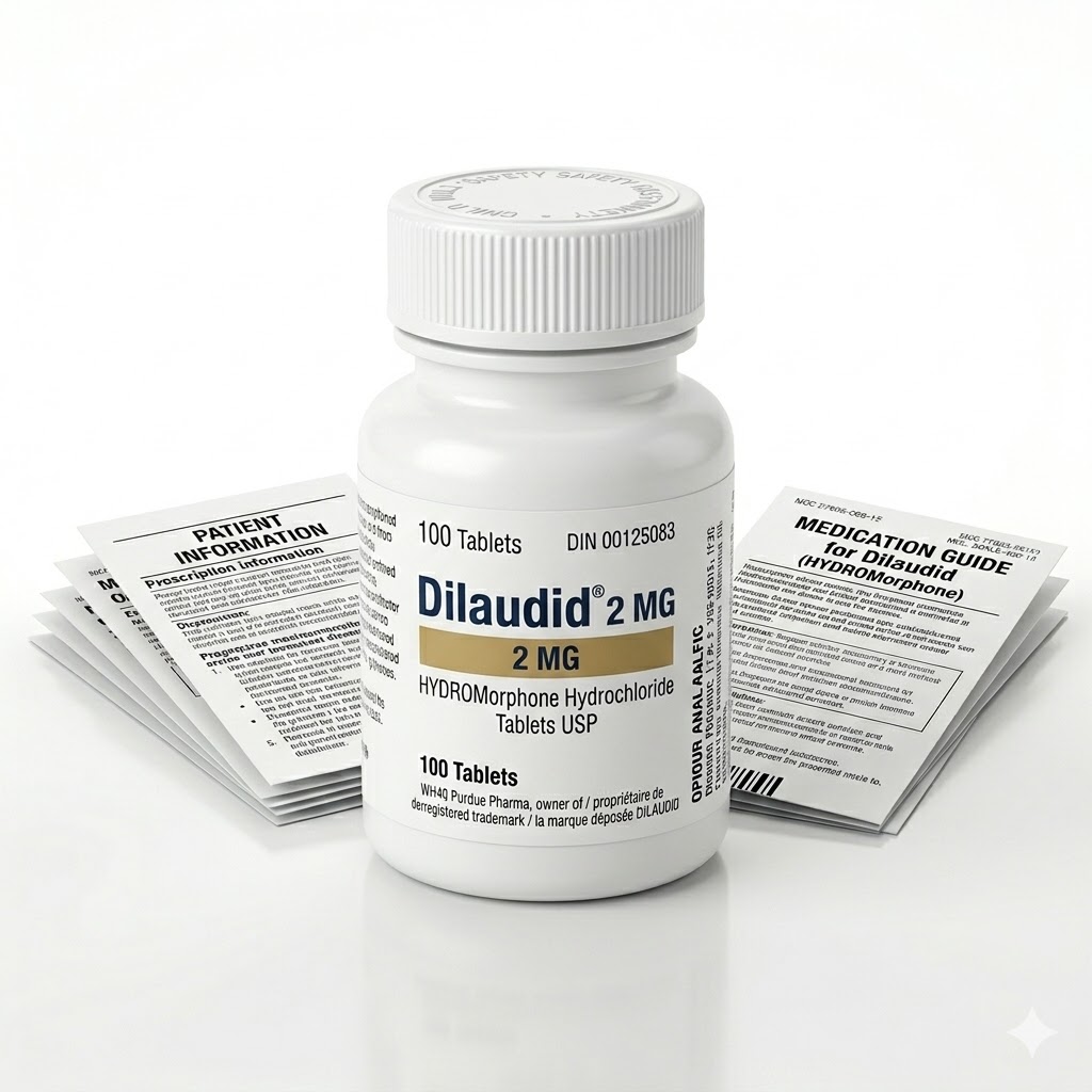 Dilaudid 2 mg Tablets in the original manufacturer-sealed bottle containing 100 tablets for the Canadian market.