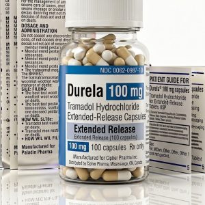 Durela 100 mg Capsules in the original manufacturer-sealed bottle containing 100 capsules for the Canadian pharmacy market.
