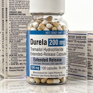 Durela 200 mg Capsules in the original manufacturer-sealed bottle containing 100 capsules for the Canadian pharmacy market.