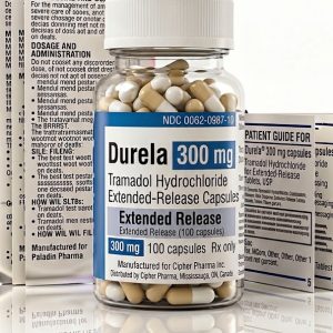 Durela 300 mg Capsules in the original manufacturer-sealed bottle containing 100 capsules for the Canadian pharmacy market.