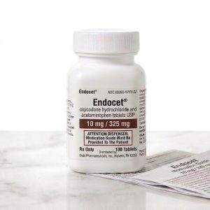 Sealed original container of 100 Endocet 10/325 mg tablets, an opioid pain medication