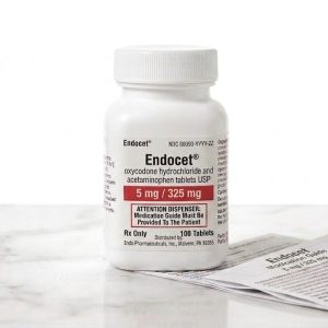 Sealed original container of 100 Endocet 5/325 mg tablets, an opioid pain medication
