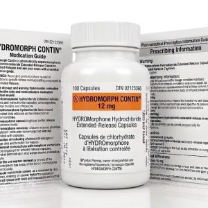 Hydromorph Contin 12 mg Capsules in the original manufacturer-sealed bottle containing 100 capsules for the Canadian market.