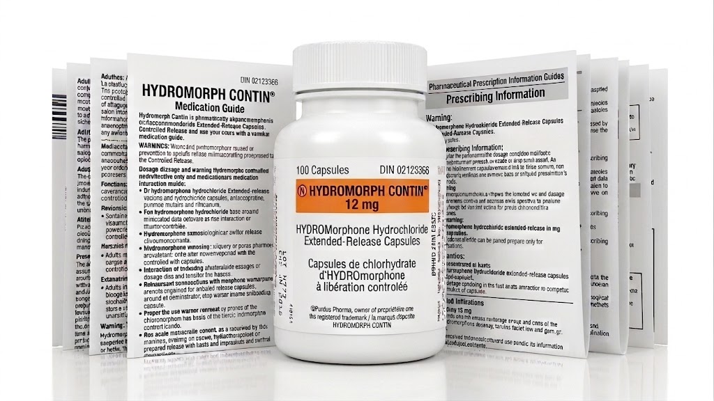 Hydromorph Contin 12 mg Capsules in the original manufacturer-sealed bottle containing 100 capsules for the Canadian market.