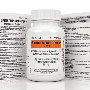 Hydromorph Contin 18 mg Capsules in the original manufacturer-sealed bottle containing 100 capsules for the Canadian market.