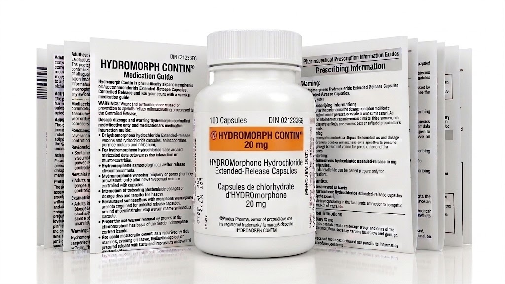 Hydromorph Contin 20 mg Capsules in the original manufacturer-sealed bottle containing 100 capsules for the Canadian market.