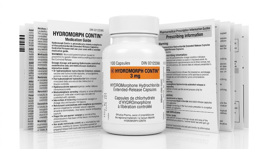 Hydromorph Contin 3 mg Capsules in the original manufacturer-sealed bottle containing 100 capsules for the Canadian market.