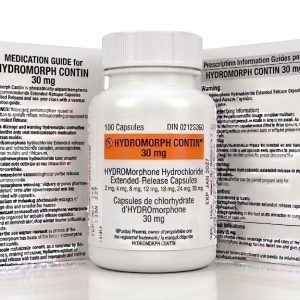 Hydromorph Contin 30 mg Capsules in the original manufacturer-sealed bottle containing 100 capsules for the Canadian market.