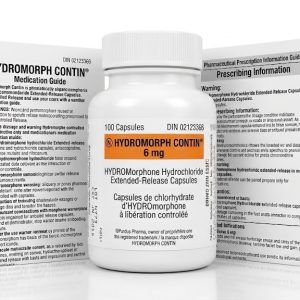 Hydromorph Contin 6 mg Capsules in the original manufacturer-sealed bottle containing 100 capsules for the Canadian market.