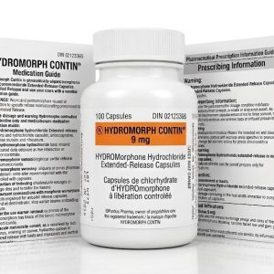 Hydromorph Contin 9 mg Capsules in the original manufacturer-sealed bottle containing 100 capsules for the Canadian market.