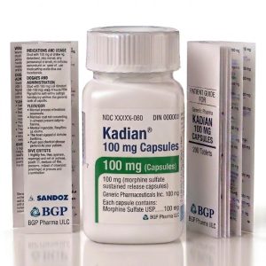 Kadian 100 mg Capsules in the original manufacturer-sealed bottle containing 100 capsules for the Canadian pharmacy market.