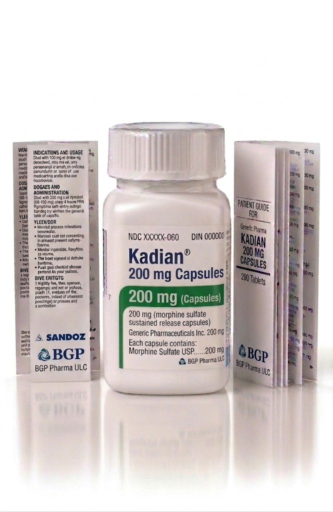 Kadian 200 mg Capsules in the original manufacturer-sealed bottle containing 100 capsules for the Canadian pharmacy market.
