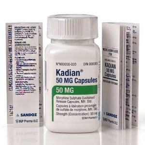 Kadian 50 mg Capsules in the original manufacturer-sealed bottle containing 100 capsules for the Canadian pharmacy market.