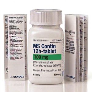 MS Contin 100 mg Tablets in the original manufacturer-sealed bottle containing 100 tablets for the Canadian pharmacy market.