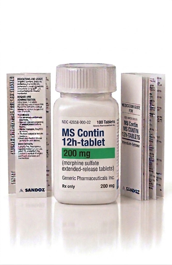 MS Contin 200 mg Tablets in the original manufacturer-sealed bottle containing 100 tablets for the Canadian pharmacy market.