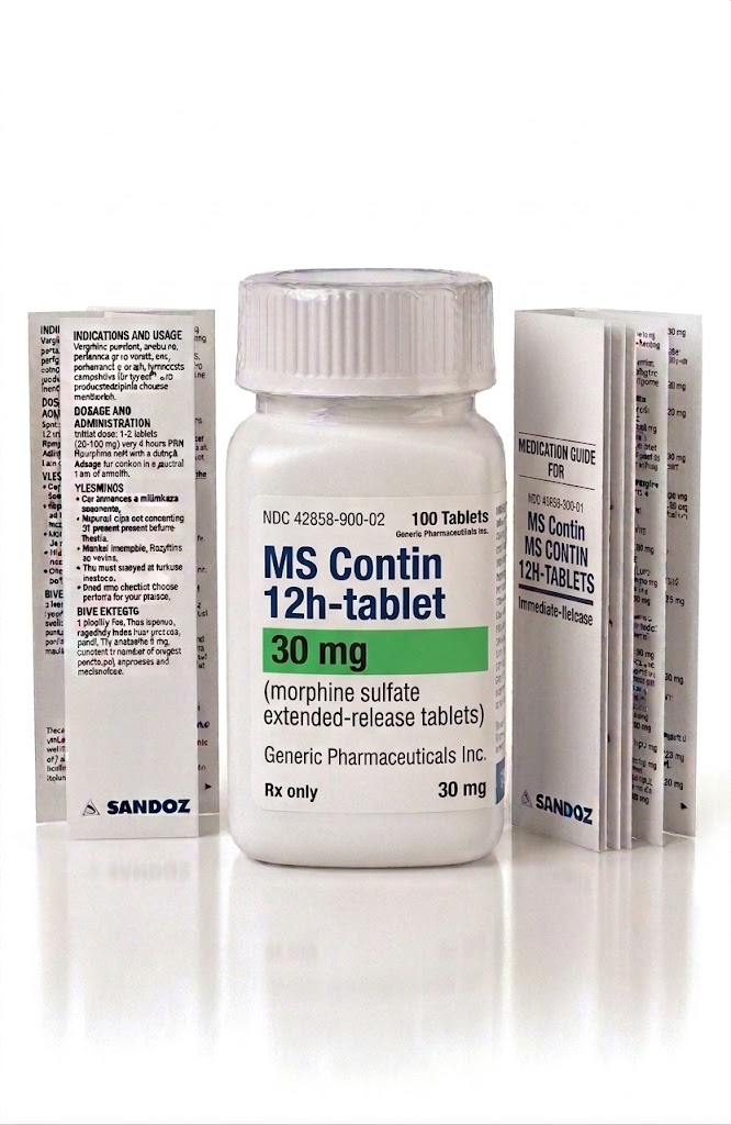 MS Contin 30 mg Tablets in the original manufacturer-sealed bottle containing 100 tablets.