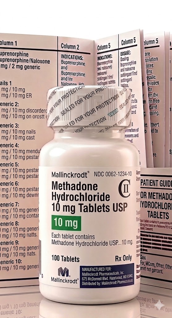 Methadone 10 mg Tablets in the original manufacturer-sealed bottle containing 100 tablets for the Canadian pharmacy market.