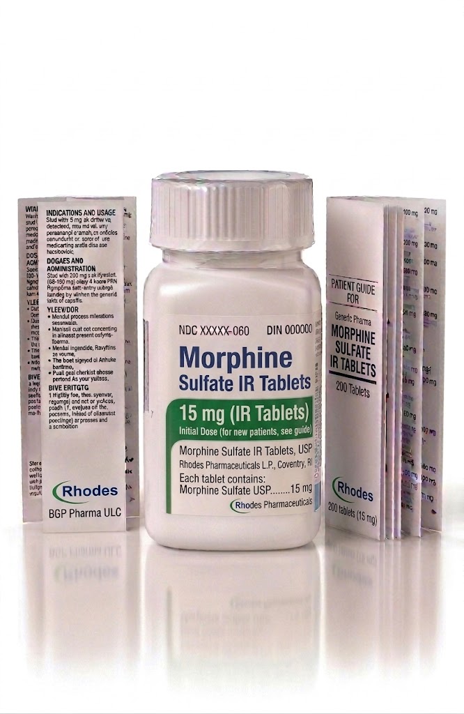 Morphine 15 mg Tablets in the original manufacturer-sealed bottle containing 100 tablets for the Canadian market.