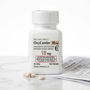 Sealed original container of 100 OxyContin 10 mg tablets, an opioid pain medication