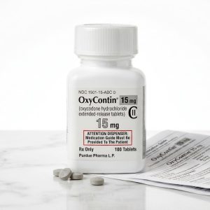 Sealed original container of 100 OxyContin 15 mg tablets, an opioid pain medication