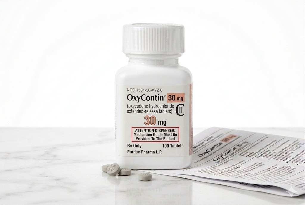 Sealed original container of 100 OxyContin 30 mg tablets, an opioid pain medication