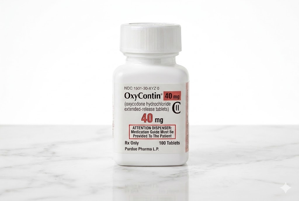 Sealed original container of 100 OxyContin 40 mg tablets, an opioid pain medication