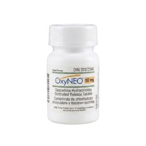 Sealed original container of 100 OxyNEO 10 mg tablets, an opioid pain medication
