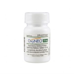 Sealed original container of 100 OxyNEO 15 mg tablets, an opioid pain medication