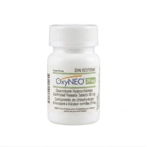 Sealed original container of 100 OxyNEO 20 mg tablets, an opioid pain medication