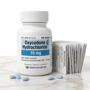 Sealed original container of 100 Oxycodone 10 mg tablets, an opioid pain medication