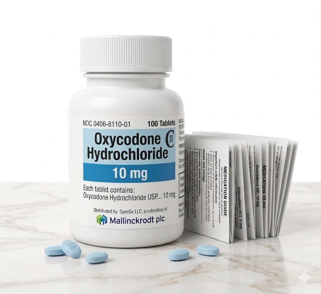 Sealed original container of 100 Oxycodone 10 mg tablets, an opioid pain medication