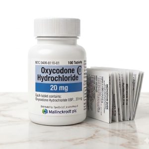 Sealed original container of 100 Oxycodone 20 mg tablets, an opioid pain medication