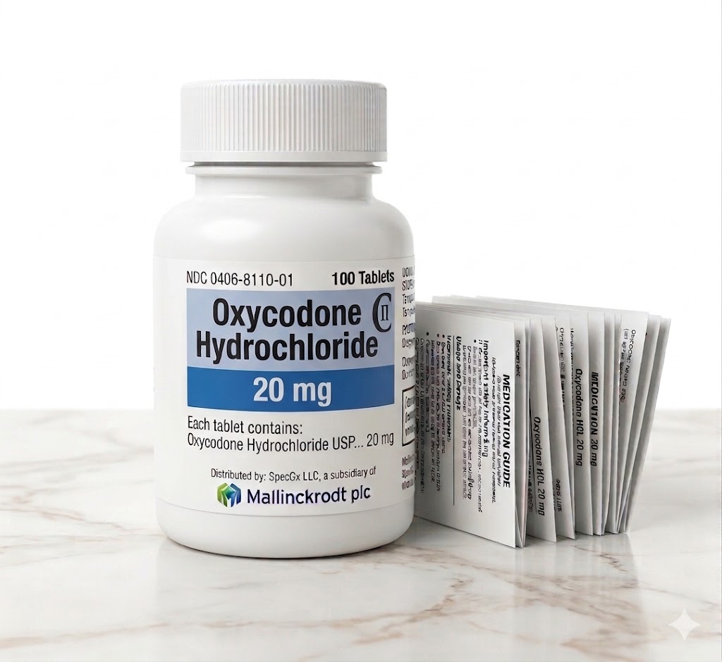 Sealed original container of 100 Oxycodone 20 mg tablets, an opioid pain medication