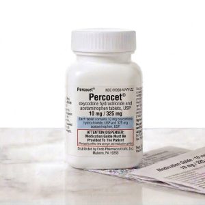 Sealed original container of 100 Percocet 10/325 mg tablets, an opioid pain medication