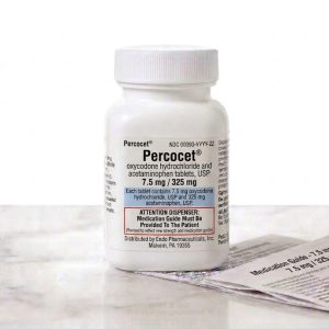 Sealed original container of 100 Percocet 7.5/325 mg tablets, an opioid pain medication